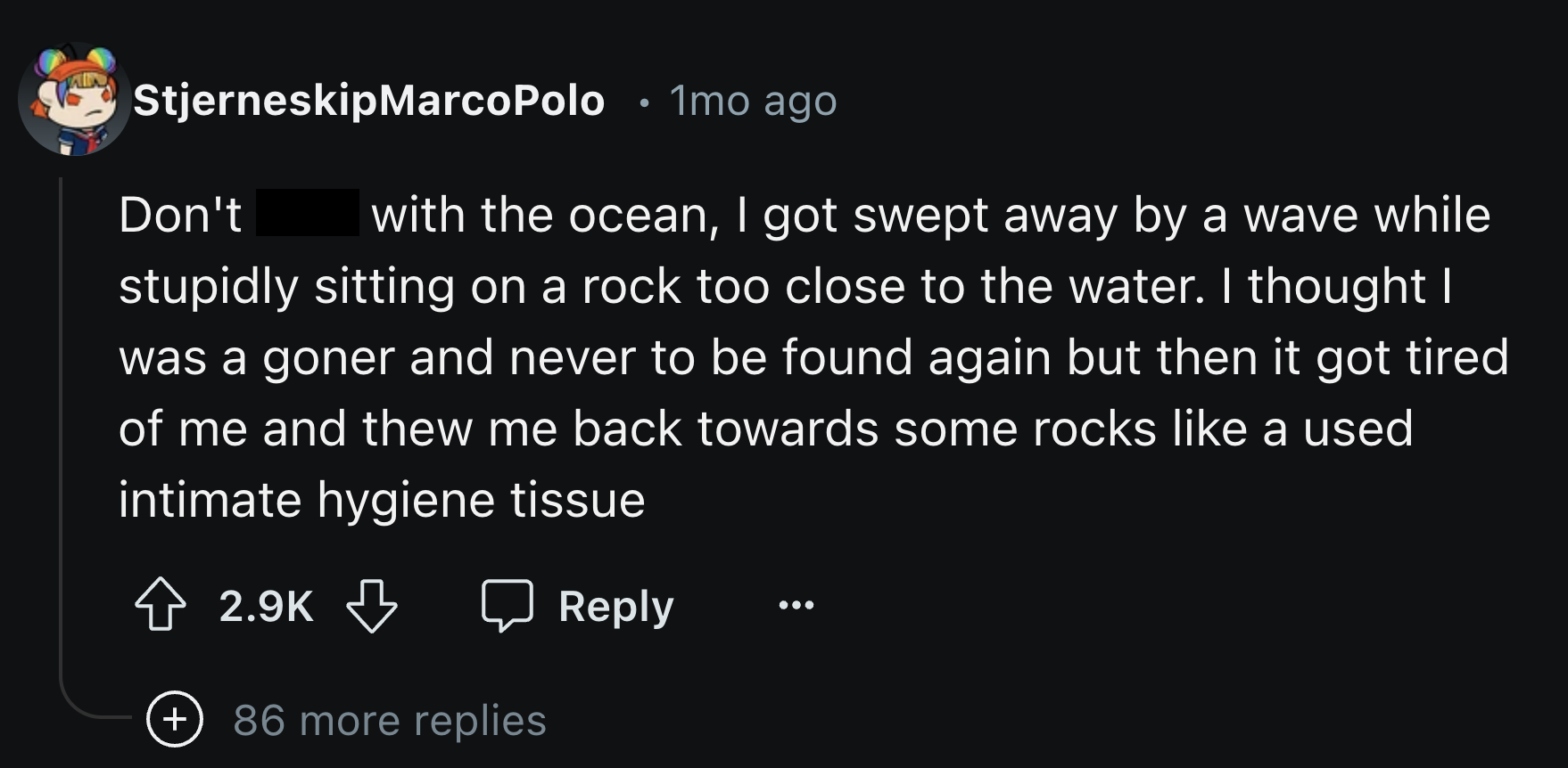 screenshot - . StjerneskipMarco Polo 1mo ago Don't with the ocean, I got swept away by a wave while stupidly sitting on a rock too close to the water. I thought I was a goner and never to be found again but then it got tired of me and thew me back towards